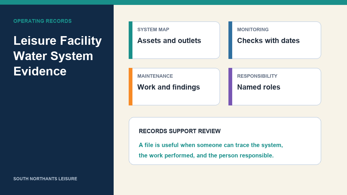 Leisure facility water system records Graphic summarizing leisure facility water system records for assets, monitoring, maintenance, and responsibility